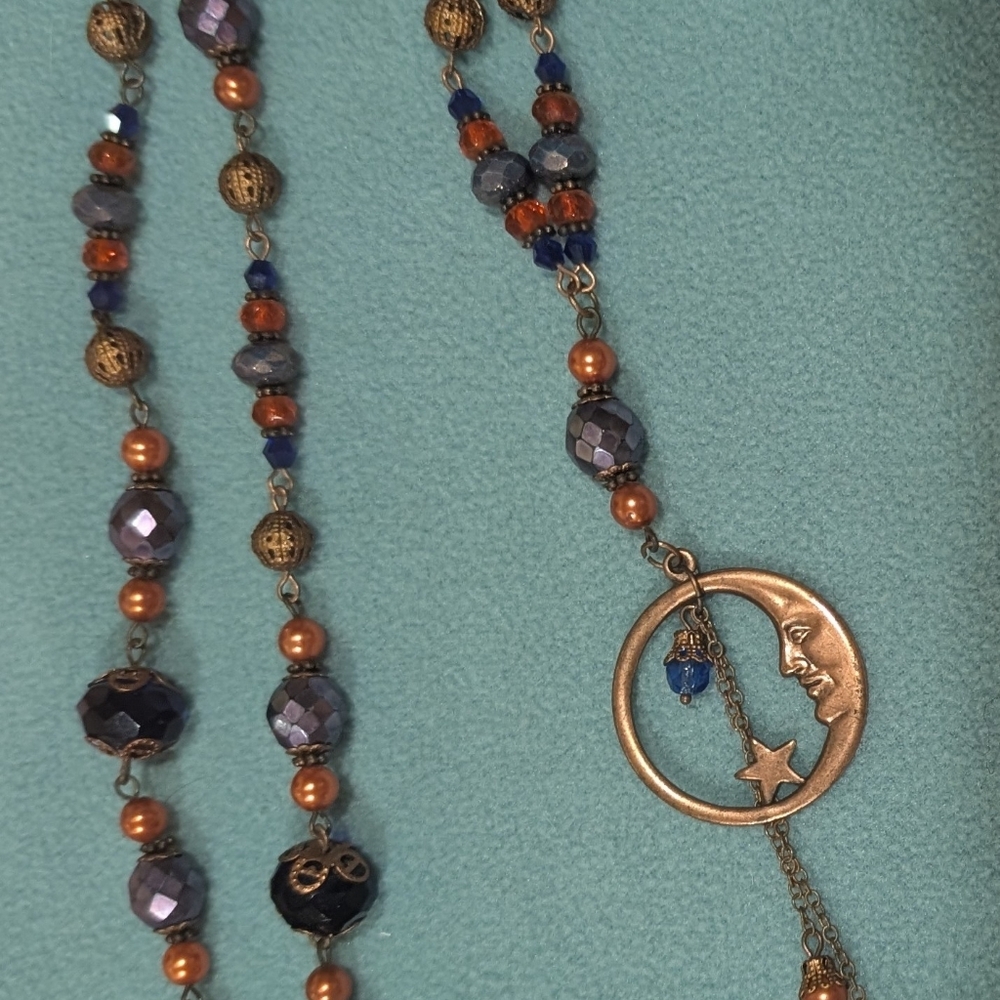 Witchy Beaded Long Necklace In Midnight Blue & Persimmon Orange